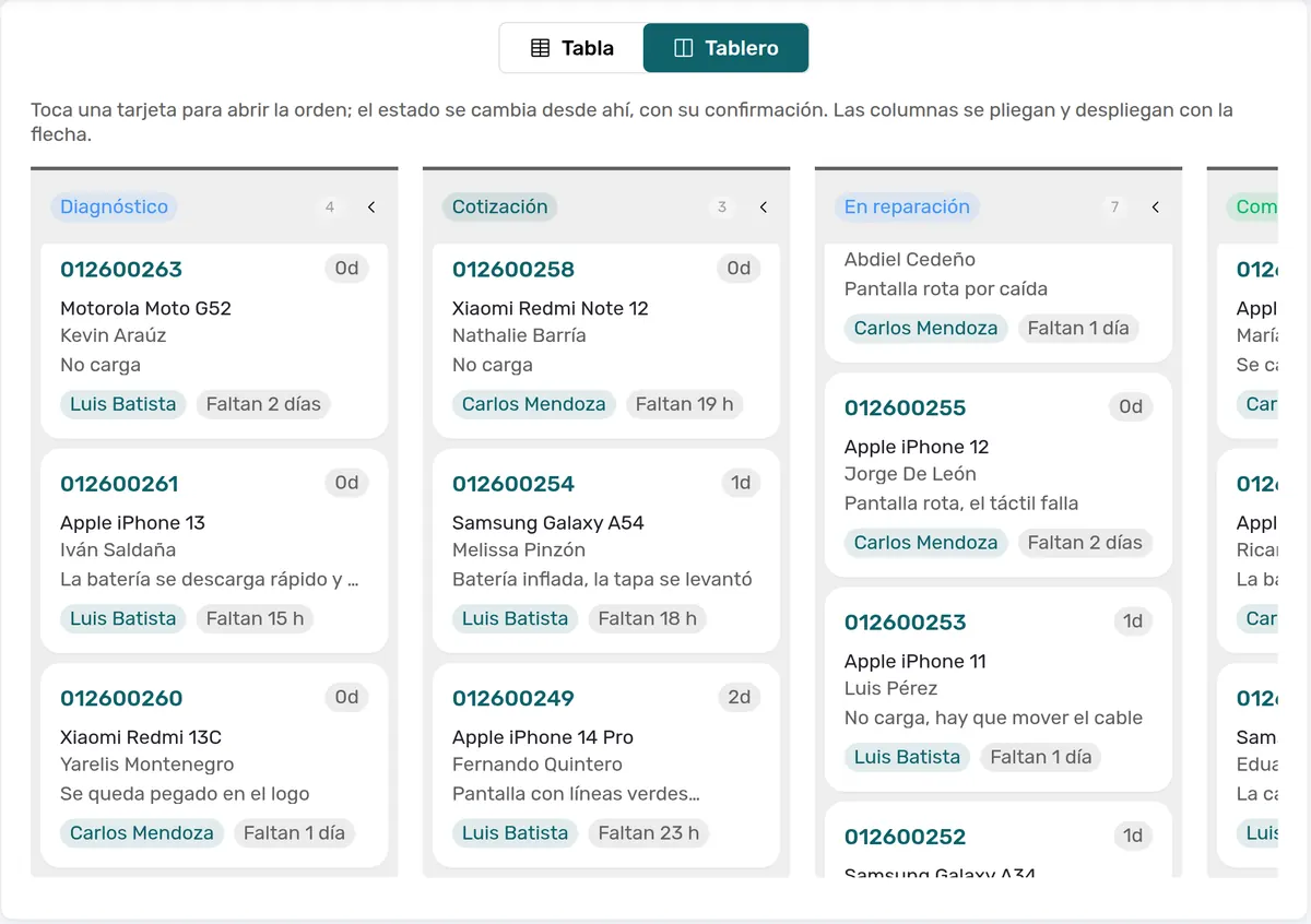 Tablero de órdenes de FlujoFix con columnas de diagnóstico, cotización y en reparación, cada orden con su técnico y su tiempo